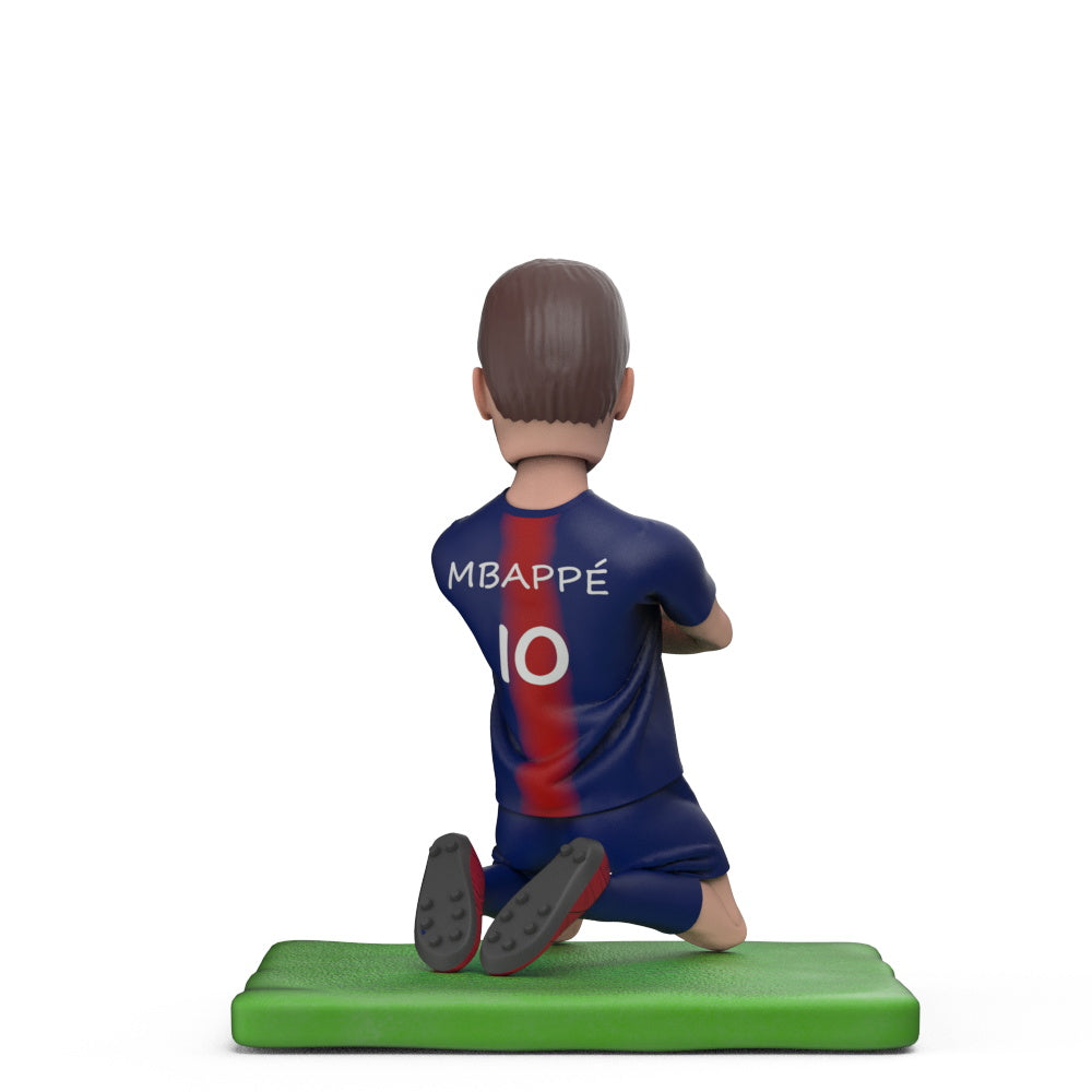 Soccer Player Mbappe Celebrates Scoring with Arms Around Custom Bobblehead With Engraved Text