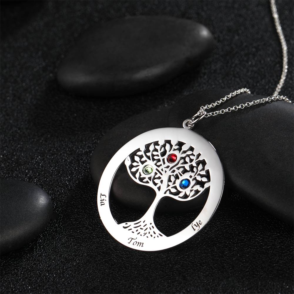 Personalized Family Tree Necklace Engraved Name Birthstone Necklace S925 Silver