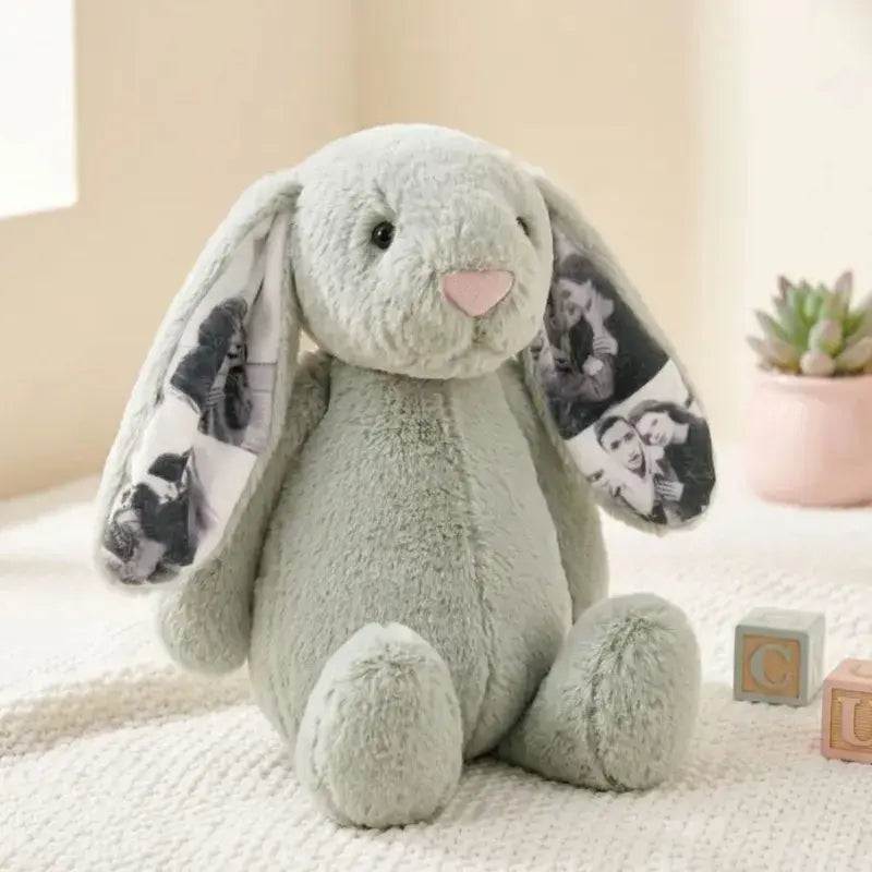 Custom Photo Bunny Plush Personalized Hidden Ear Picture Gift for Couples Anniversary Mother's Day Gifts
