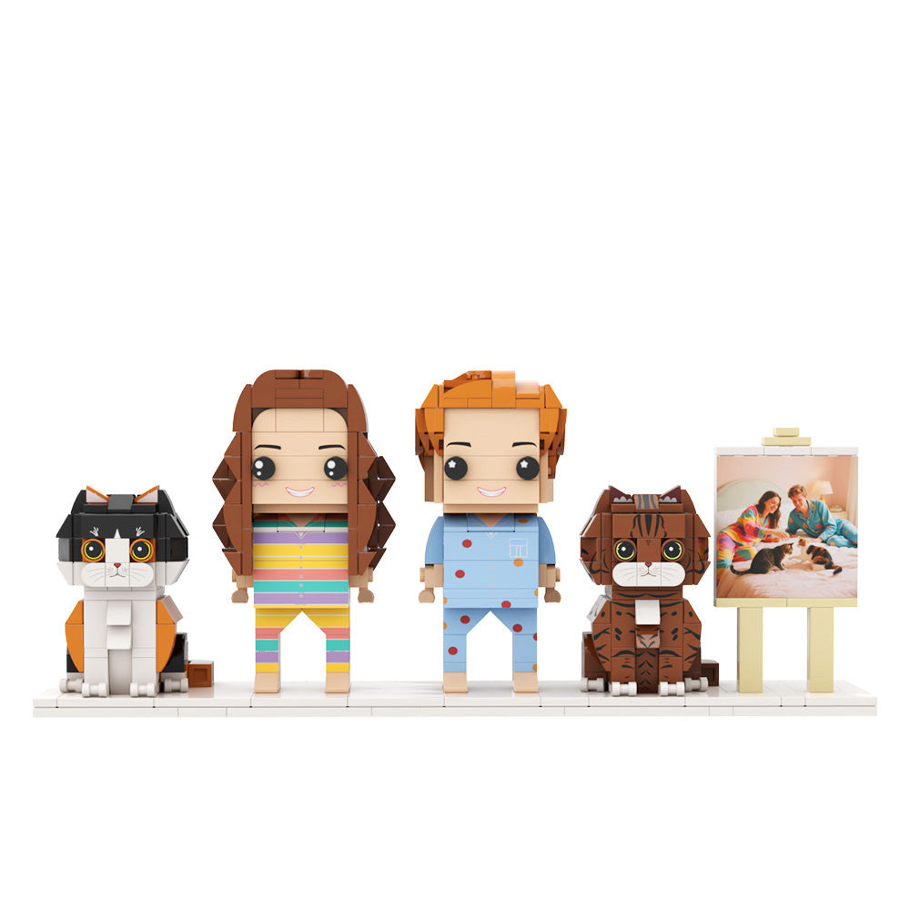 Custom Full-Body Brick Figures of 2 People and 2 Cats with Frame Personalized Anniversary Gift Birthday Gift