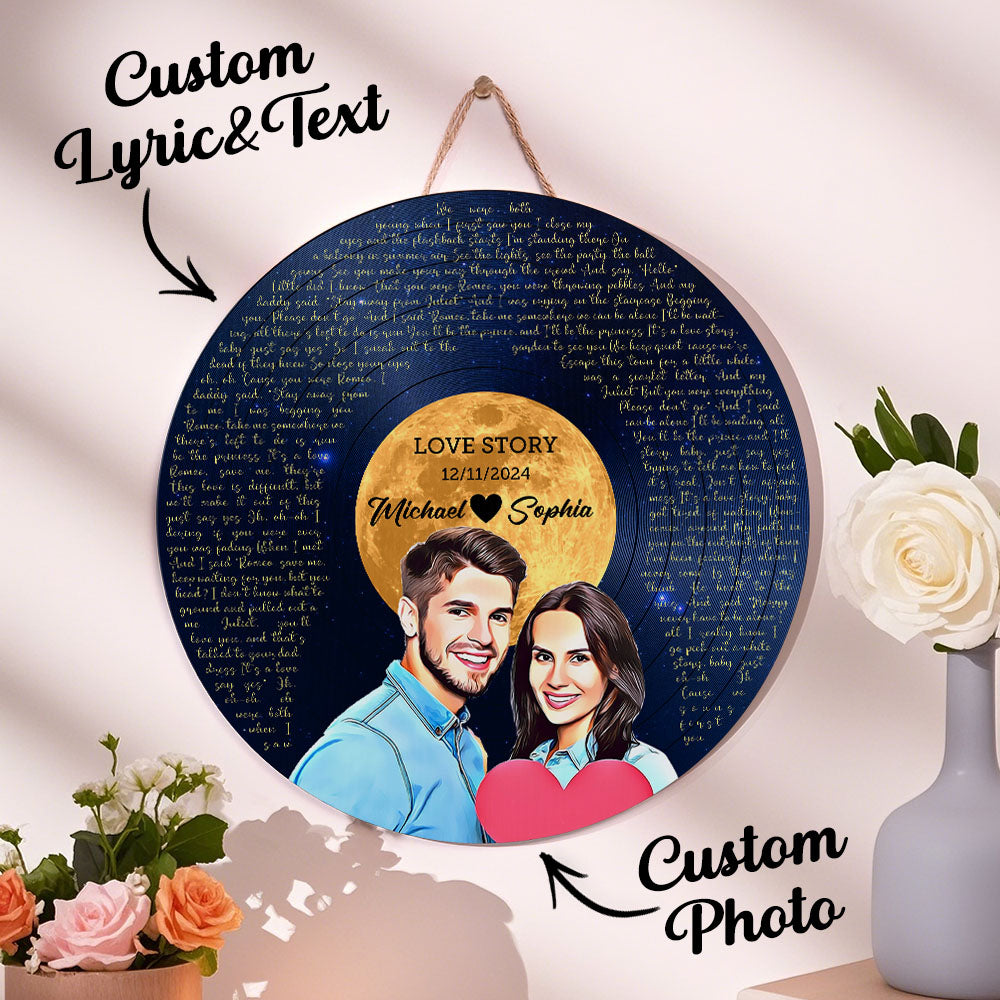 Personalized Vinyl Record Song Lyrics and Portrait Round Wood Sign Gift for Lover