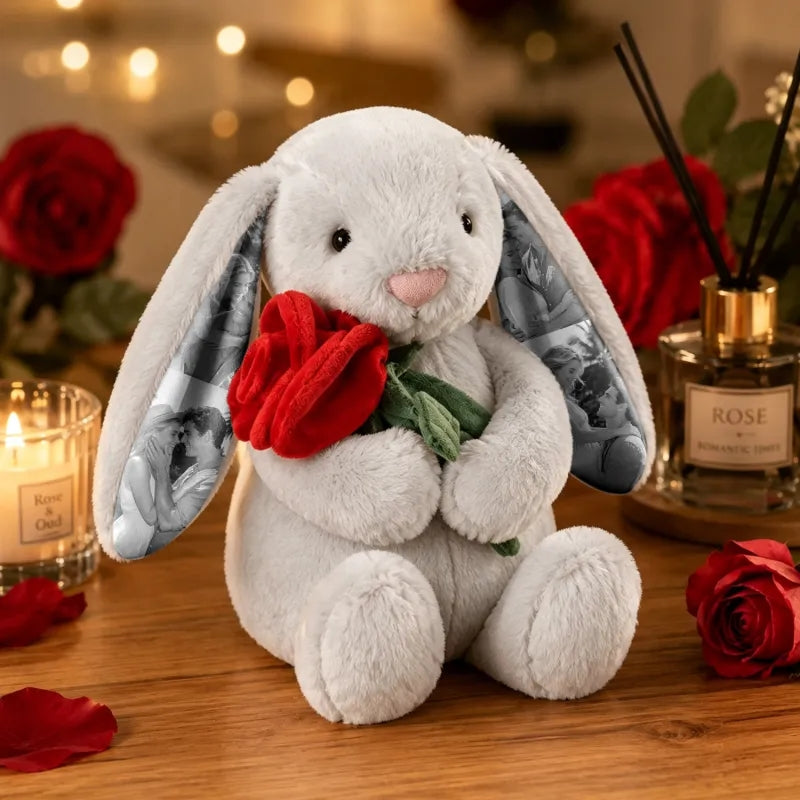 Custom Photo Red Rose Bunny Plush Personalized Hidden Ear Picture Bunny Gift for Couples Anniversary Gifts