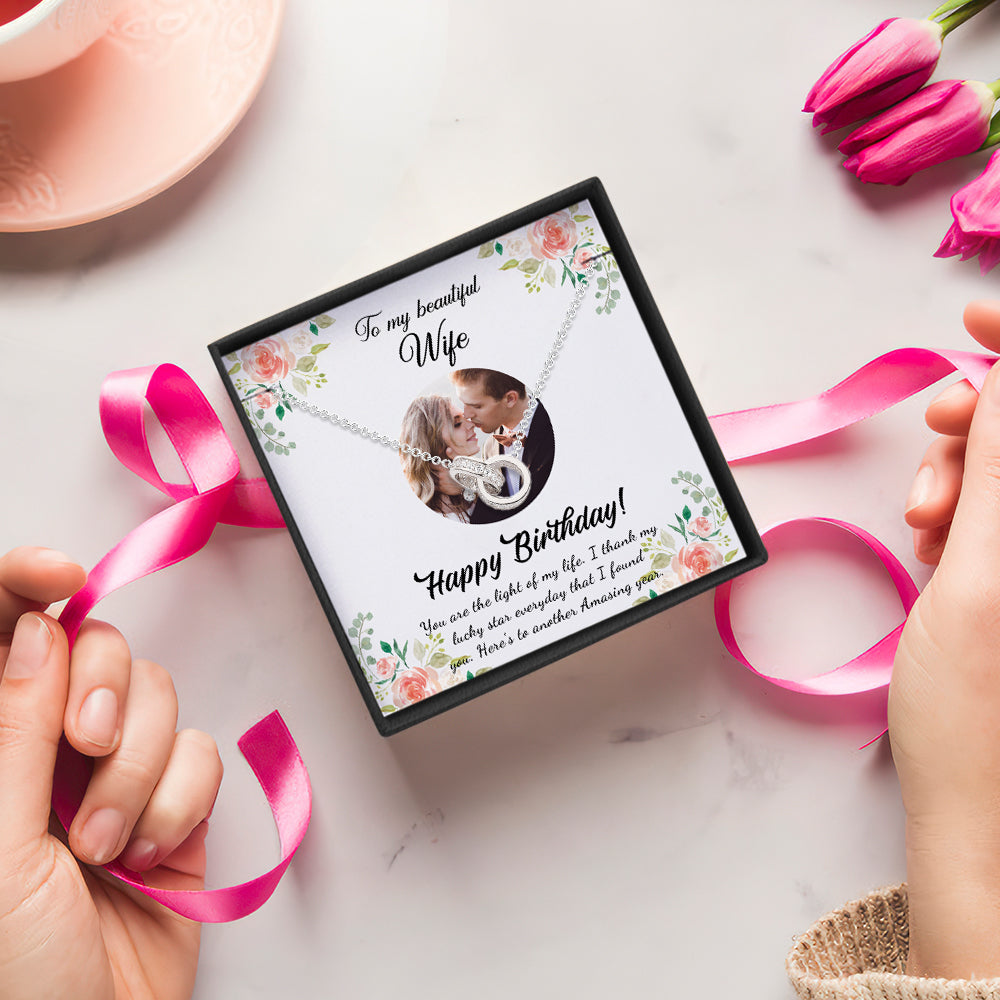 Double Rings Necklace with Photo Message Card Happy Birthday Gift for Wife