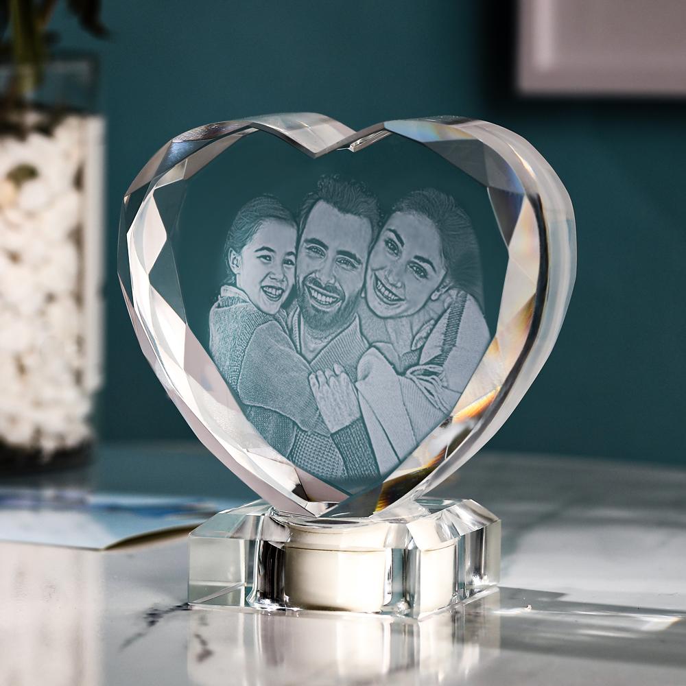 3D Laser Engraved Heart Crystal Photo Frame with Light Up LED Base