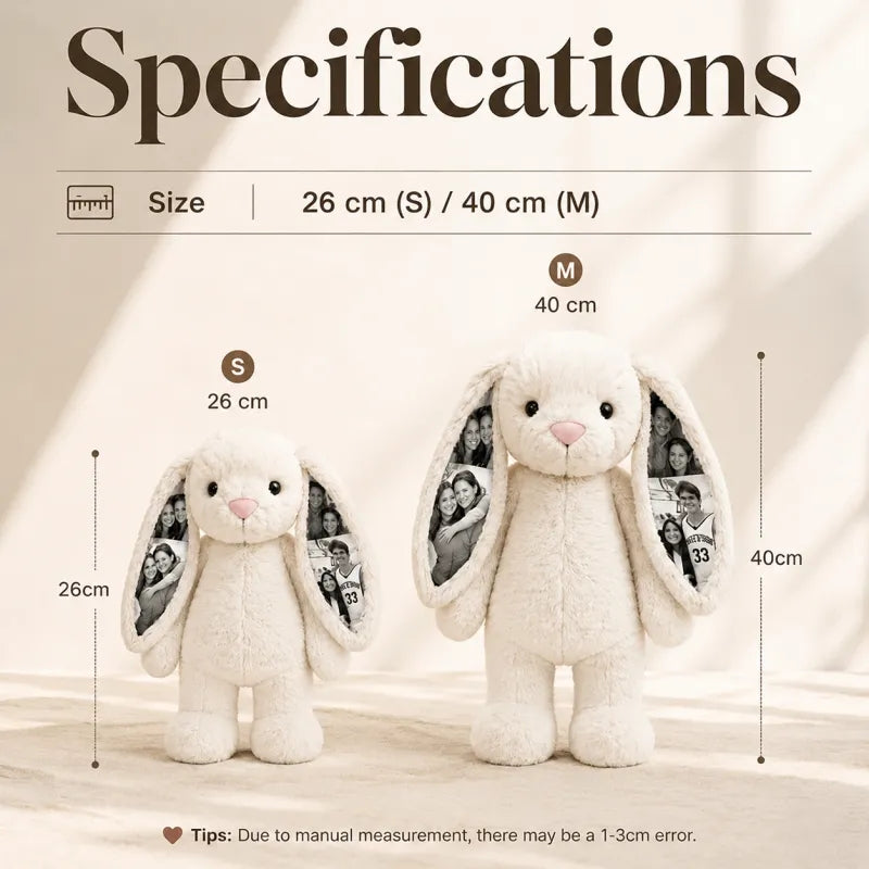 Custom Black & White Heart Photo Bunny Plush – Personalized Hidden Ear Picture Bunny Custom Text Anniversary Gift for Couples