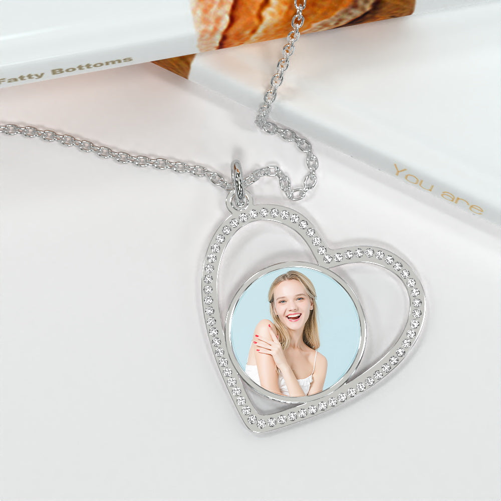 Custom Heart Pendant Inlaid Zircons Photo Necklace