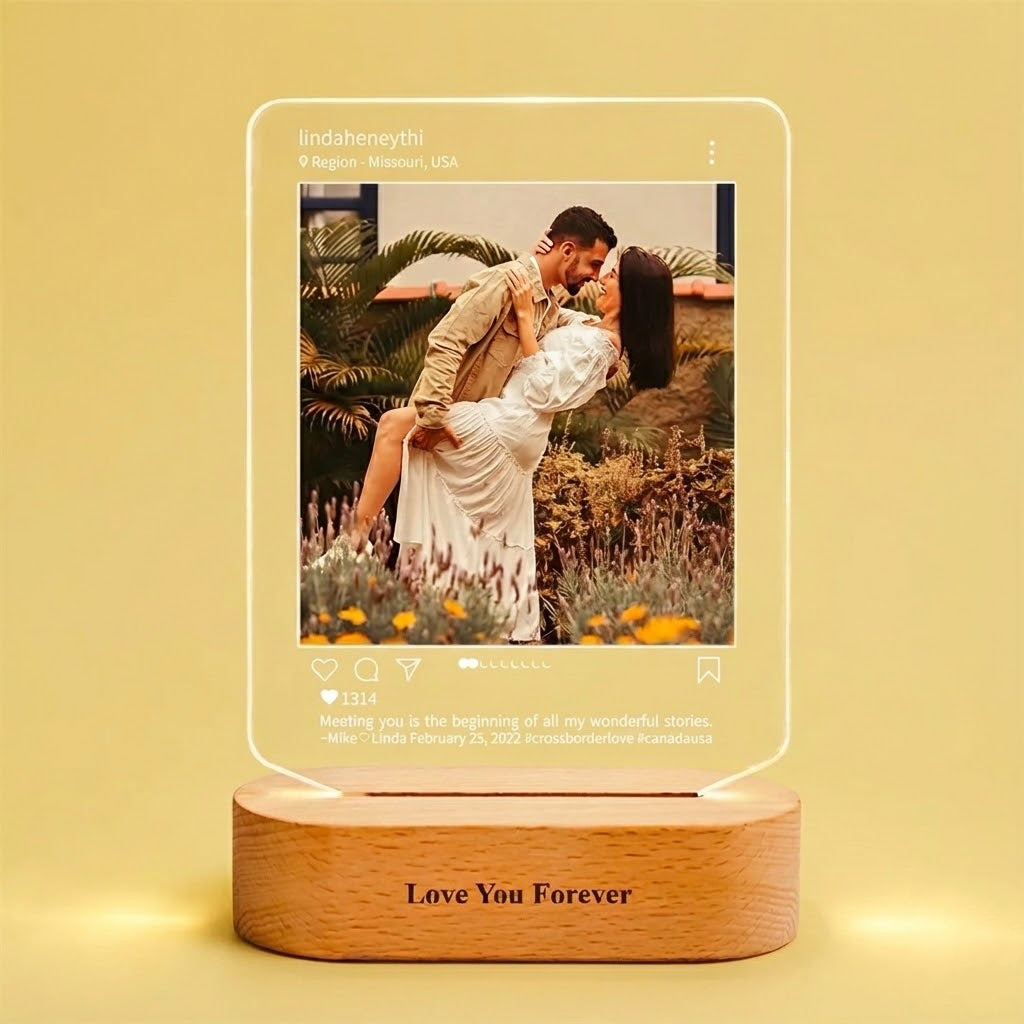 Custom Photo Social Media Style Night Light with Engraved Text Wooden Base Home Decor Valentines Gift