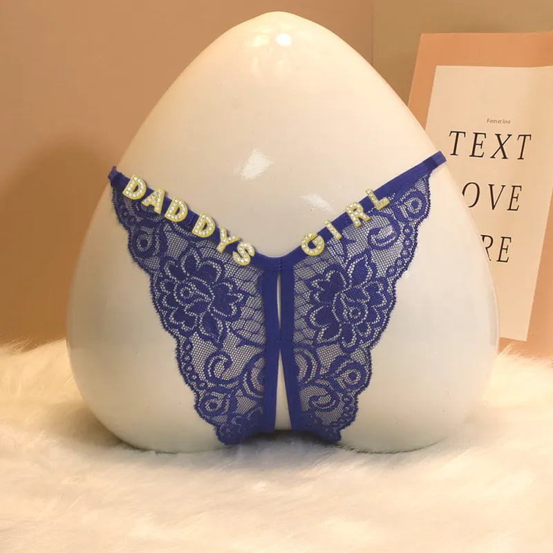 Custom Lace Sexy Panty with jewelry Crystal Letter Name Open Cut Thong Underpants Women's Underwear Valentines Gift