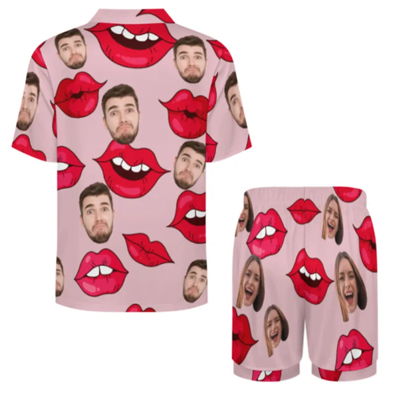 Custom Face Short Sleeve Pajama with Red Lips Prints Valentine's Day Gift for Her