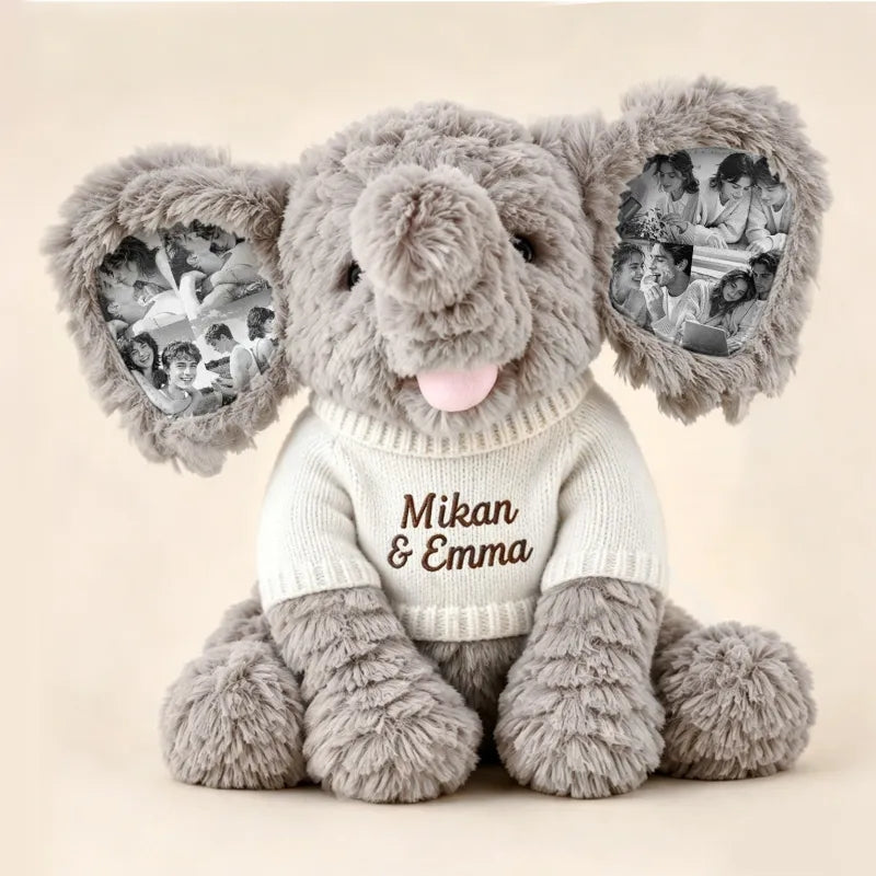 Custom Photo Elephant Plush – Personalized Ear Picture Elephant Gift for Couples Anniversary Gifts