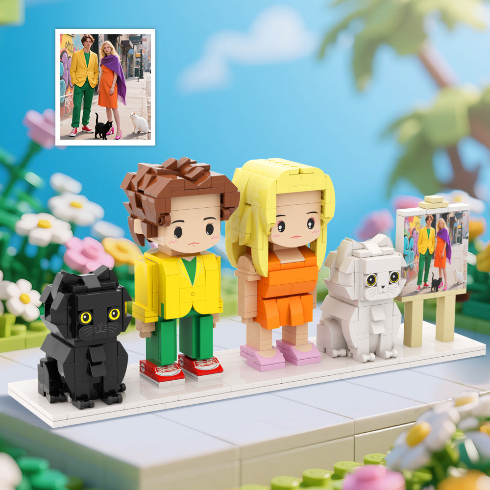 Custom Full-Body Cute Brick Figures of 2 People and 2 Cats with Frame Personalized Anniversary Gift Birthday Gift