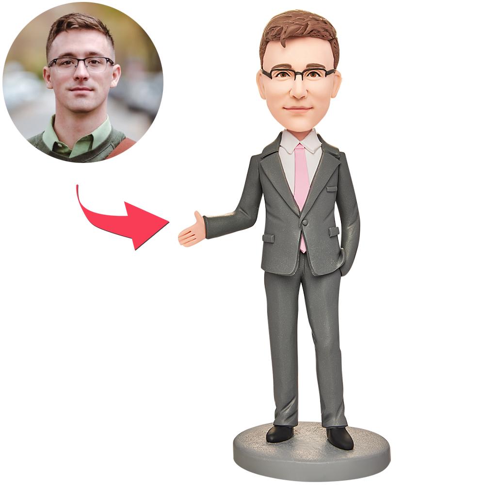 Grey Suit Business Man Custom Bobbleheads With Engraved Text
