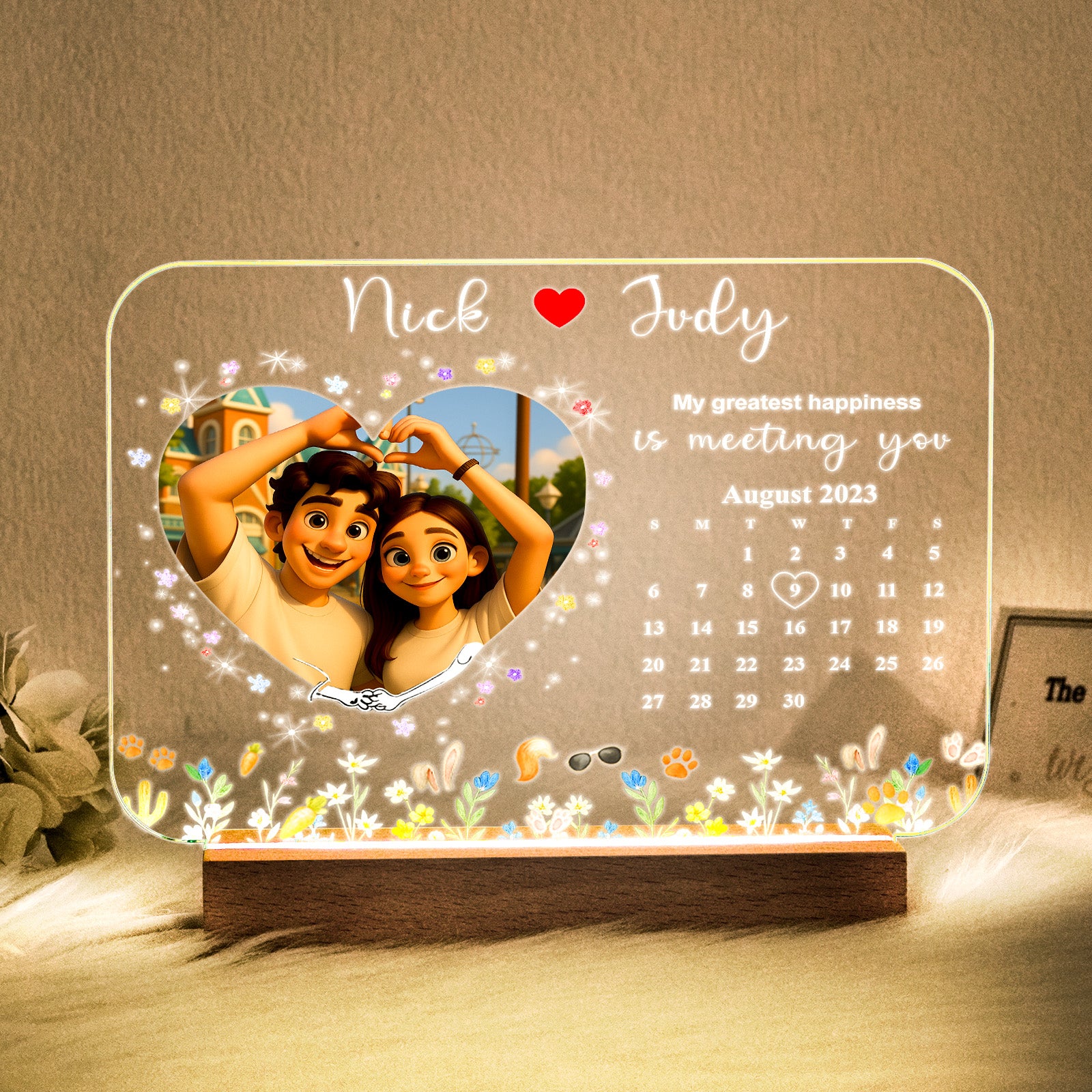 Personalized Photo LED Light with Wooden Base Gift for Love's Sweetest Moments - My Greatest Happiness Is Meeting You Valentines Gift