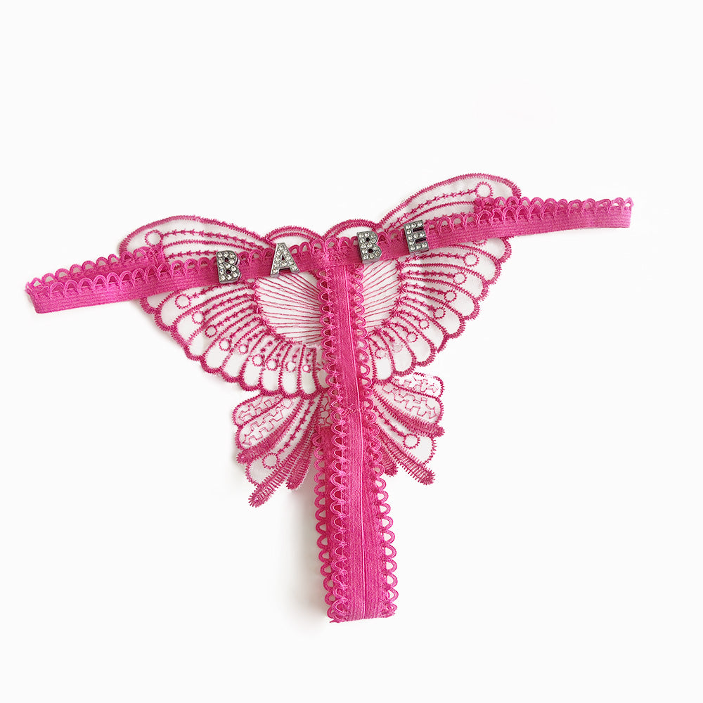 Custom Lace Hollow Butterfly Sexy Low Waist Pantie with jewelry Crystal Letter Name Open Cut Thong Women's Underwear Valentines Gift