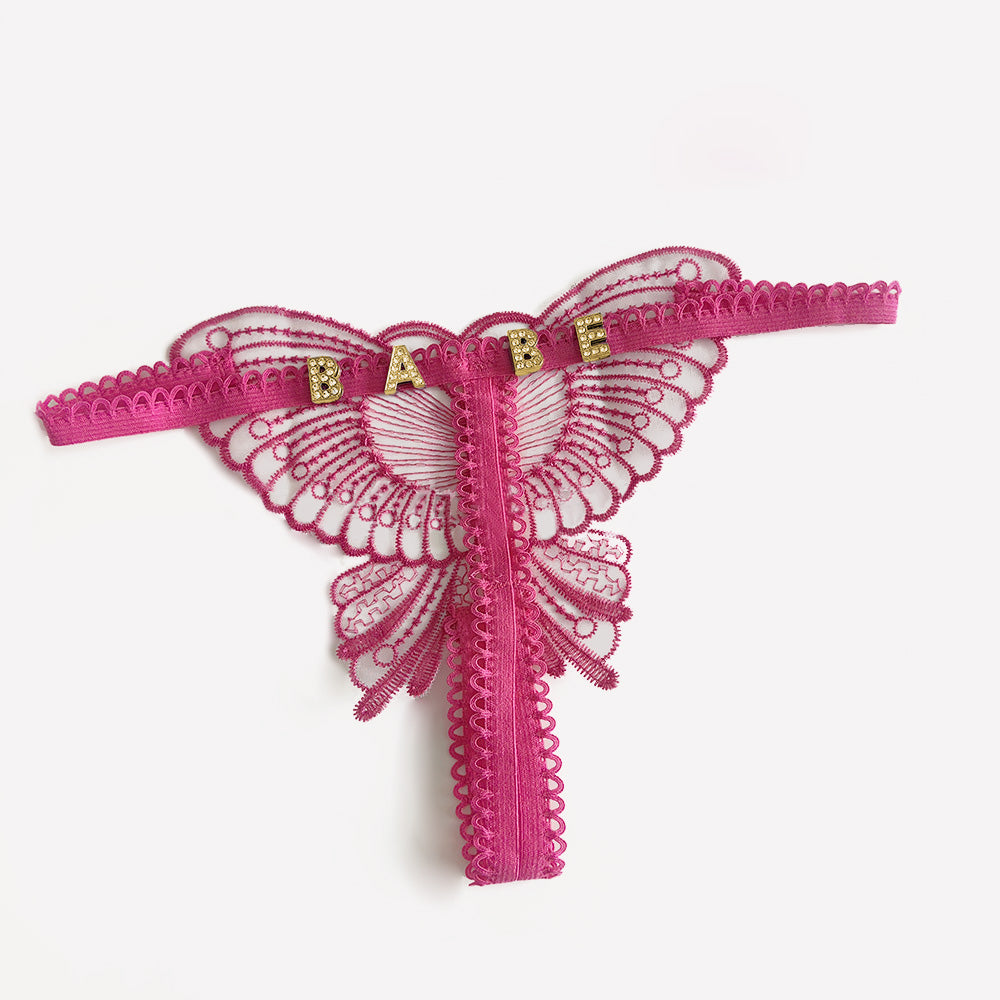 Custom Lace Hollow Butterfly Sexy Low Waist Pantie with jewelry Crystal Letter Name Open Cut Thong Women's Underwear Valentines Gift