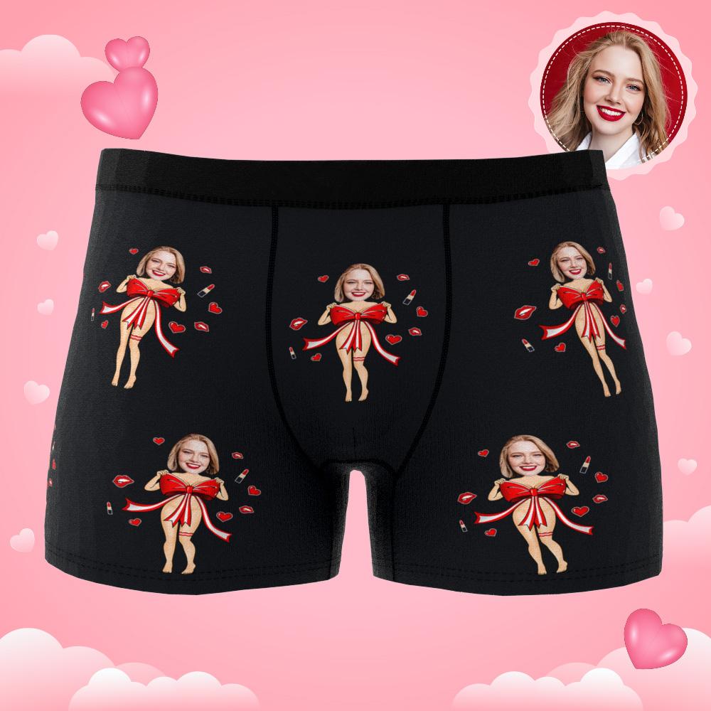 Custom Photo Boxer Red Bow Gift Underwear Men's Underwear Gift For Boyfriend AR View Valentine's Day Gift