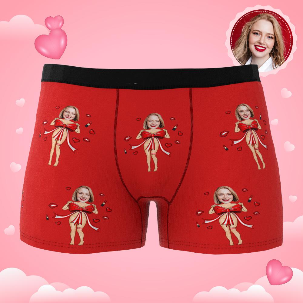 Custom Photo Boxer Red Bow Gift Underwear Men's Underwear Gift For Boyfriend AR View Valentine's Day Gift