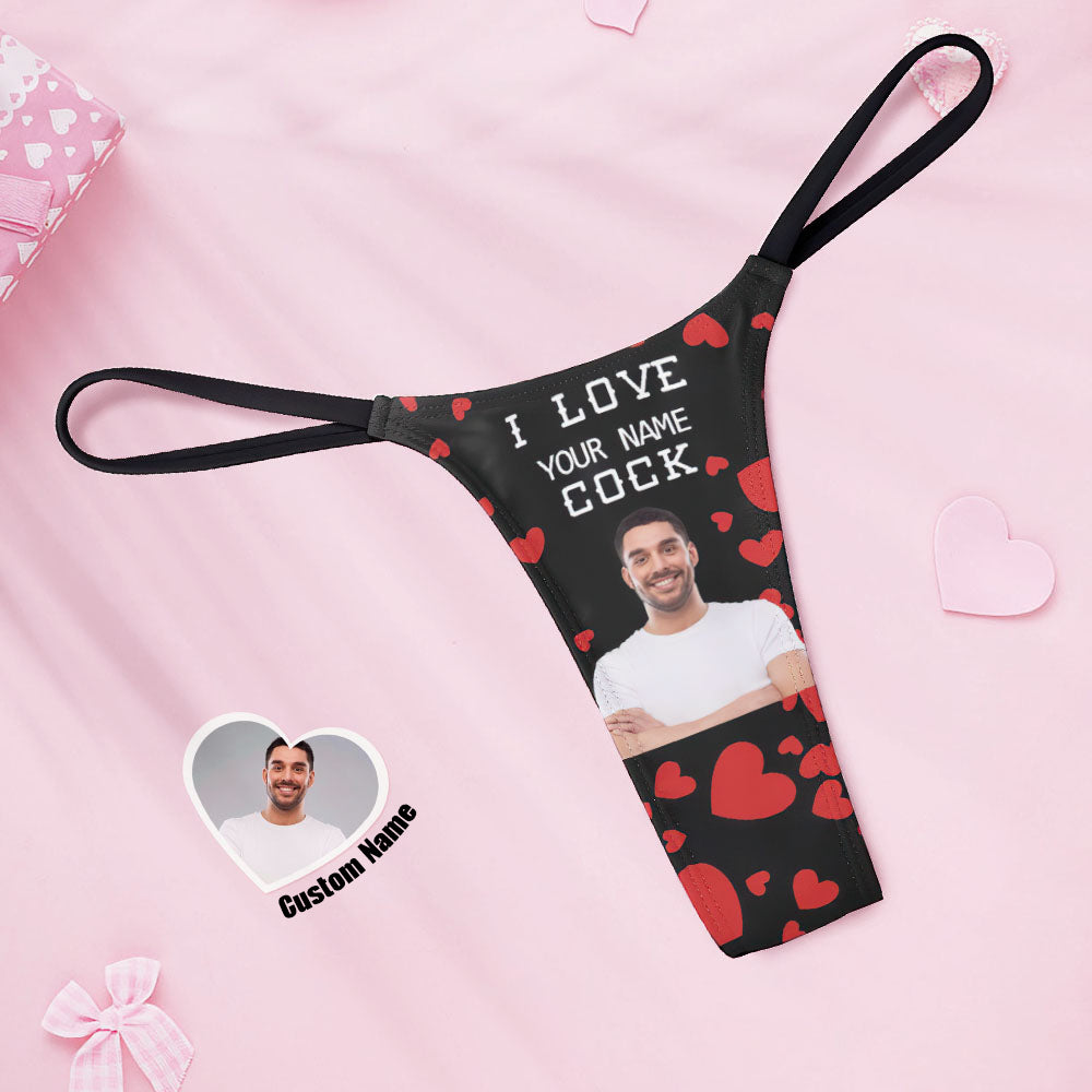 Custom Face Personalized Name Women's Tanga Thong I Love Your Cock Underwear Valentine's Day Gift