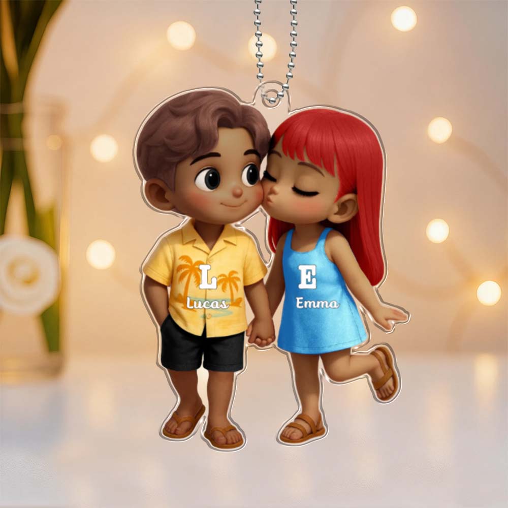 Personalized Name Hawaiian Style Acrylic Car Hanger Cute Couple Kissing Moment Valentines Gift for Boyfriend & Girlfriend