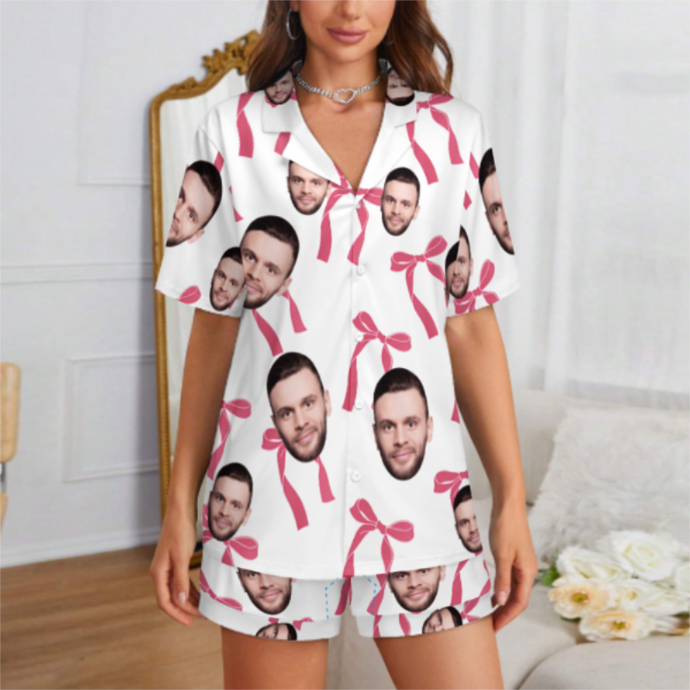 Custom 2 Faces Short Sleeve Pajama with Bowknot Pattern Prints Valentine's Day Gift for Her