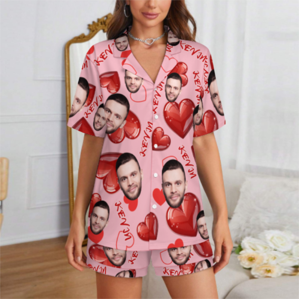 Custom Face Short Sleeve Pajama with Red Hearts Prints Valentine's Day Gift for Her