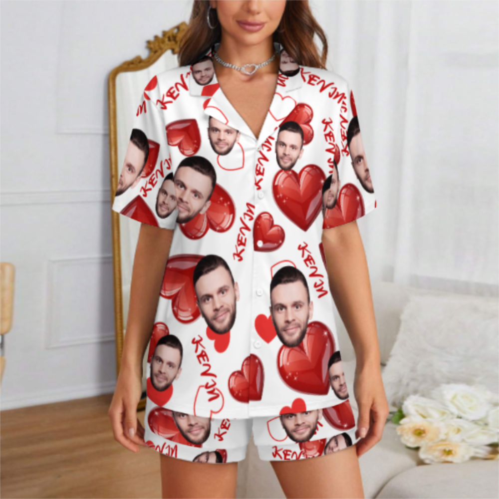 Custom Face Short Sleeve Pajama with Red Hearts Prints Valentine's Day Gift for Her