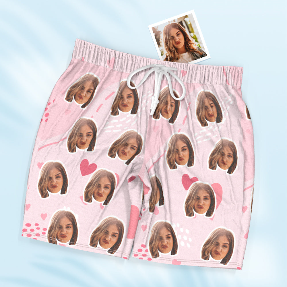Custom Face Short Sleeve Pink Pajamas with Heart Pattern – Personalized Loungewear for Anniversary & Valentine’s Day Gift