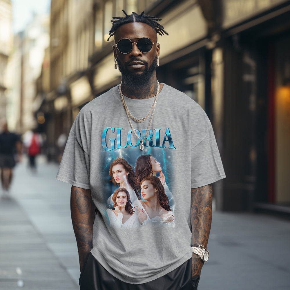 Custom Photo Vintage Tee Personalized Name T-shirt Couple Gifts Grey