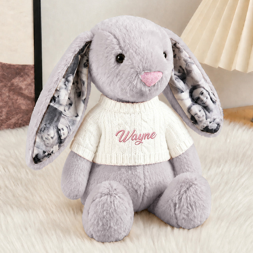 Custom Ears & Sweater Custom Photo Bunny Plush with Personalized Name Embroidery Cute Anniversary Gifts