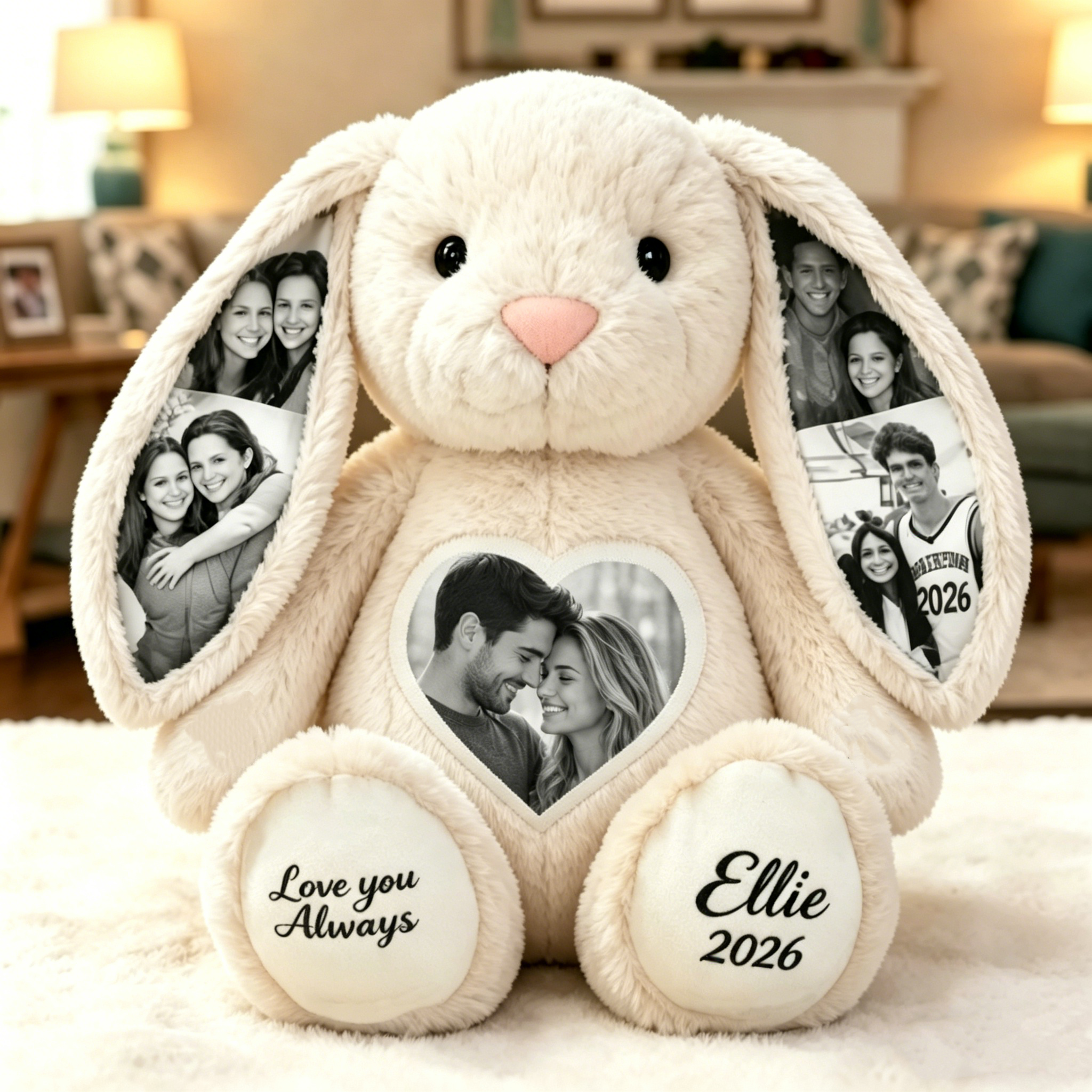 Custom Black & White Heart Photo Bunny Plush – Personalized Hidden Ear Picture Bunny Custom Text Anniversary Gift for Couples