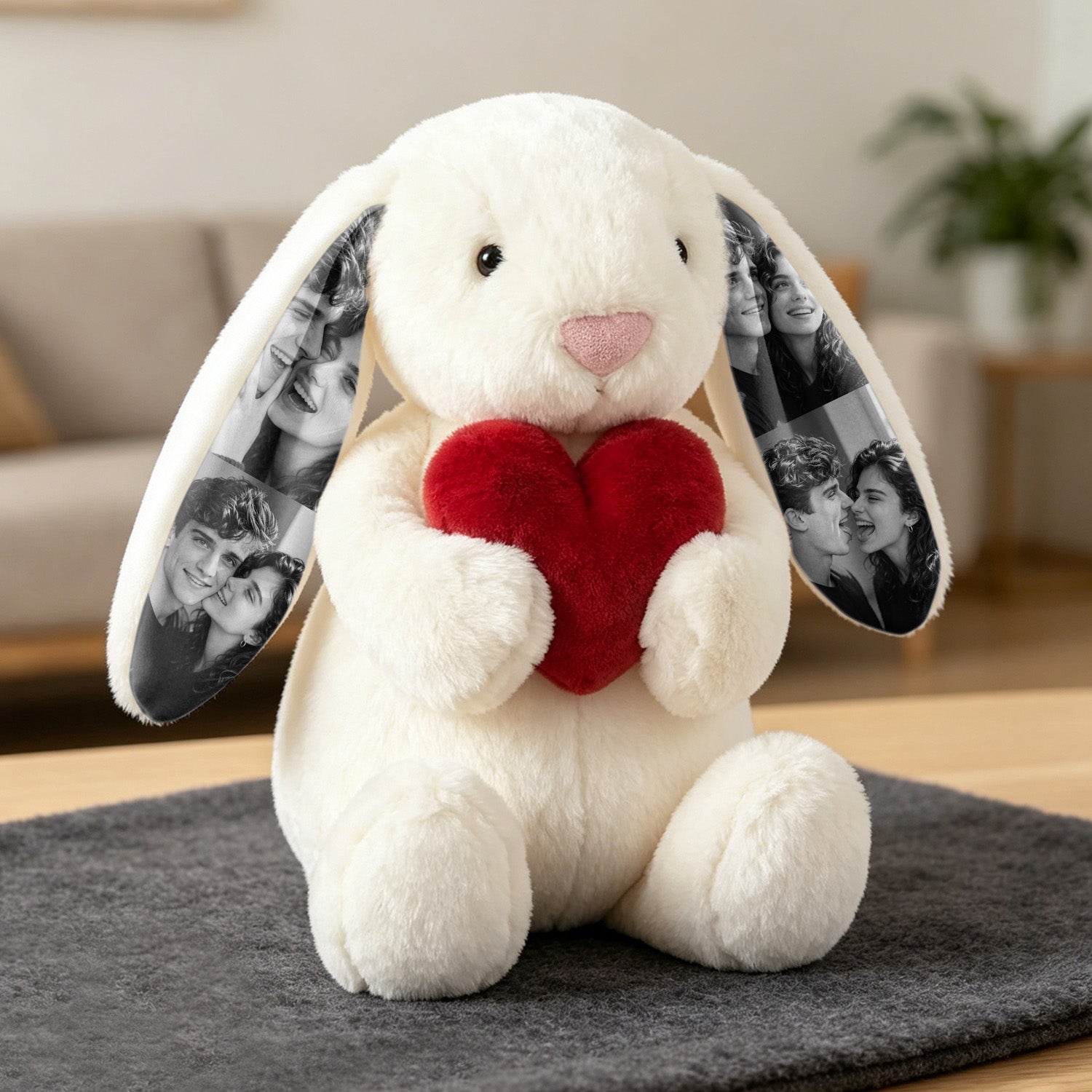 Custom Photo Red Love Heart Bunny Plush Personalized Hidden Ear Picture Bunny Gift for Couples Anniversary Gifts