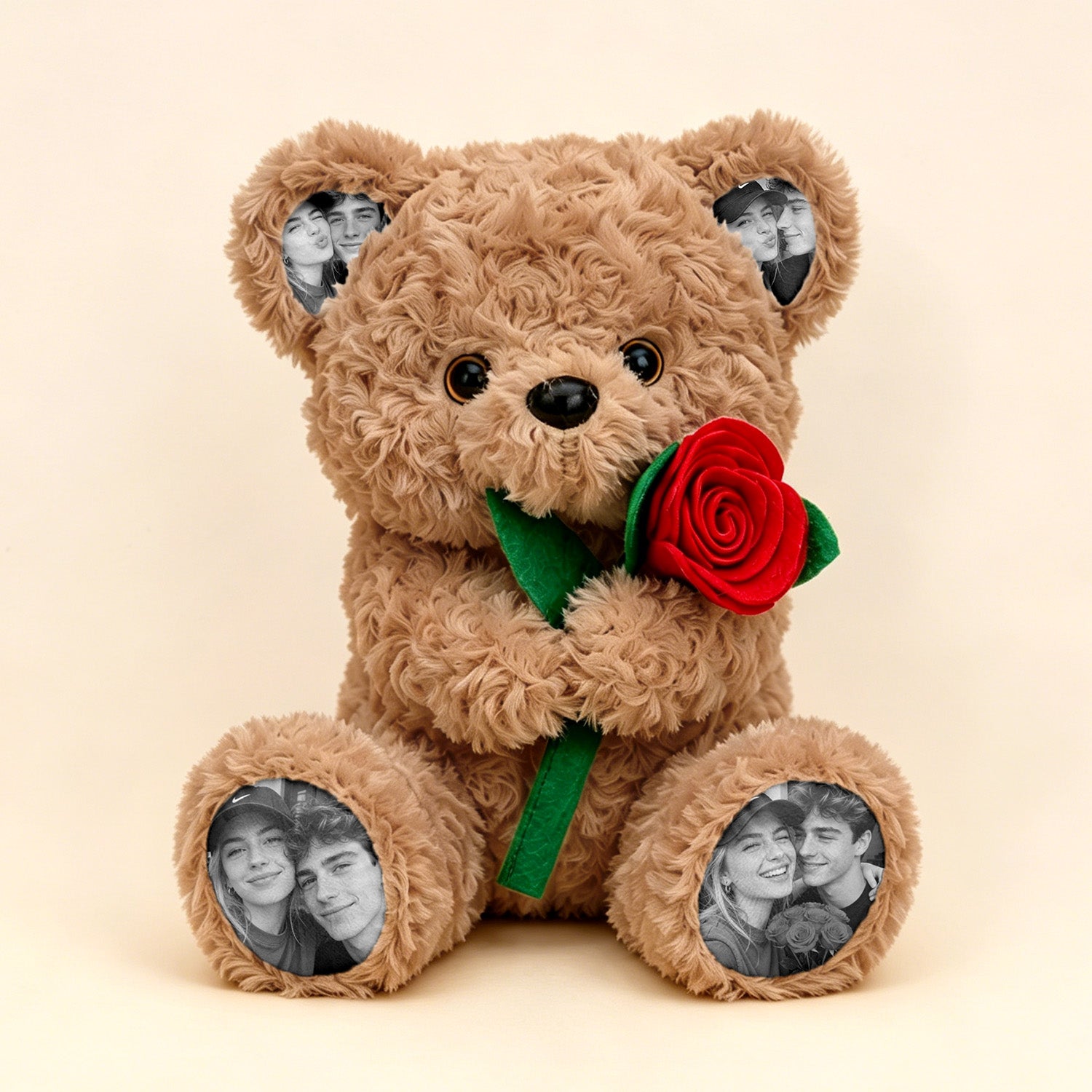 Custom Photo Teddy Bear with Rose Personalized Plush Bear with Pictures on Ears & Feet, Romantic Gift for Anniversary