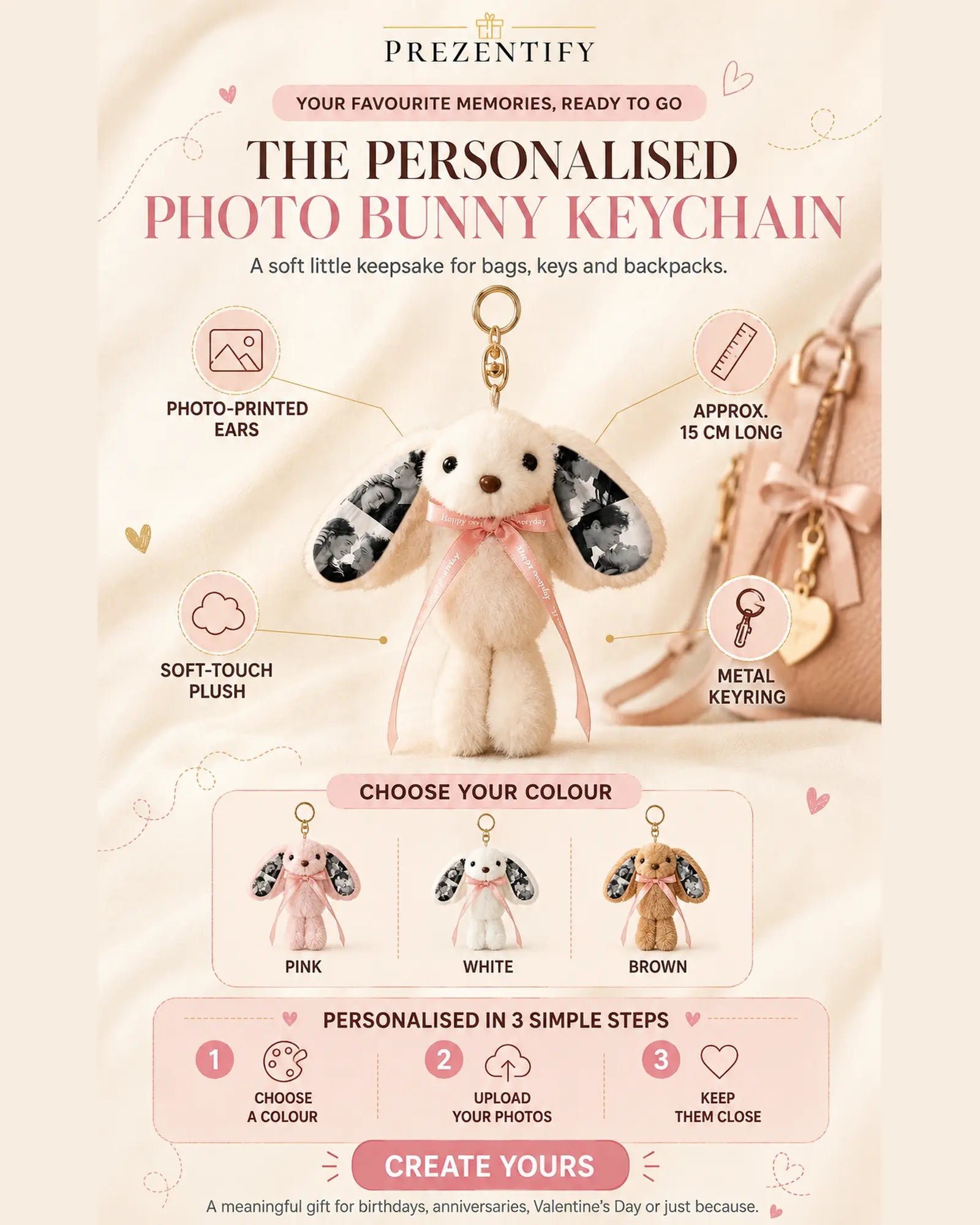 Custom Photo Bunny Plush Keychain – Personalized Cute Rabbit Bag Charm with Photo Ears & Ribbon Gift