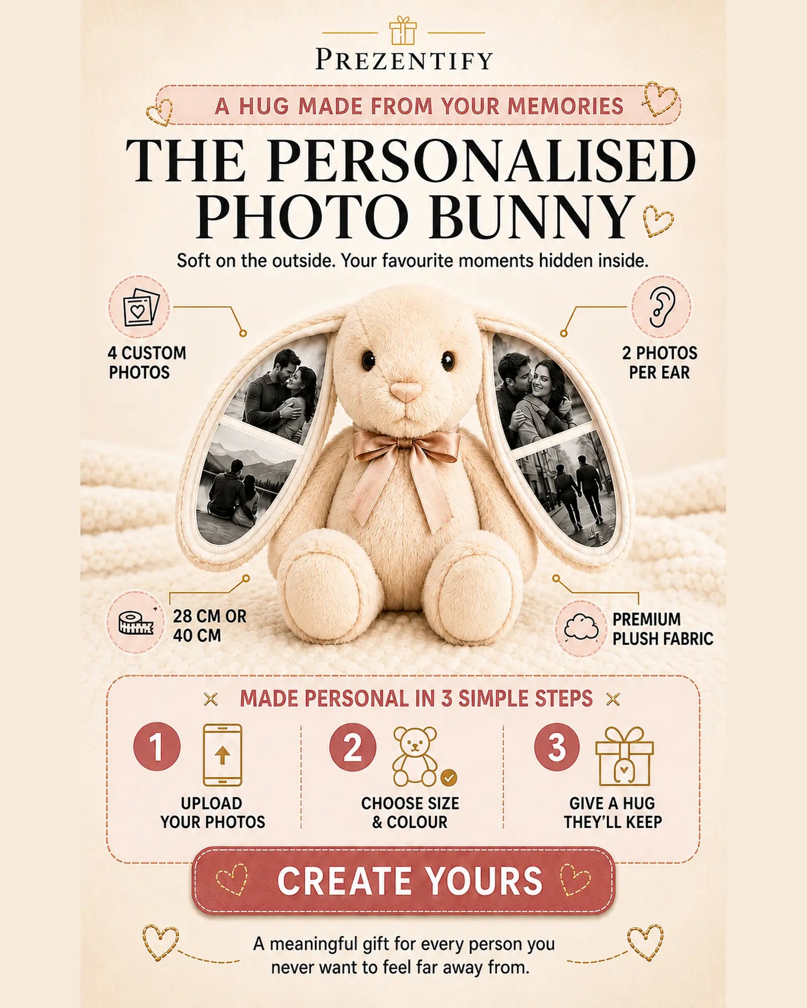 Custom Photo Bunny Plush Personalized Hidden Ear Picture Gift for Couples Anniversary Mother's Day Gifts