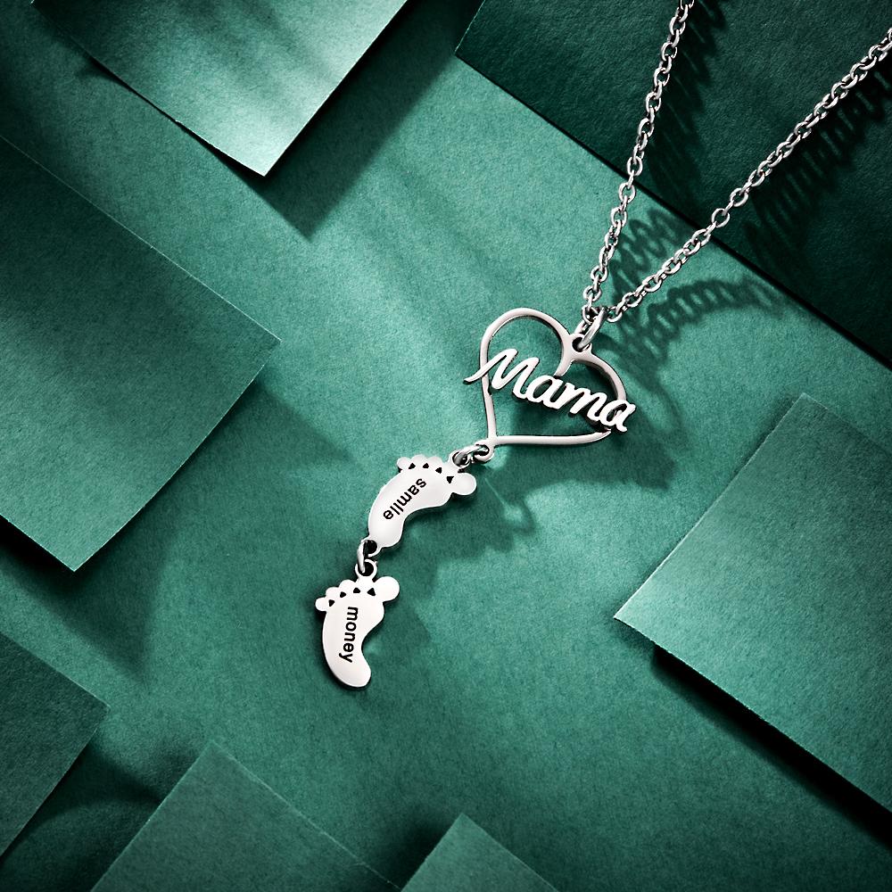 Custom Engraved Name Necklace Love MaMa Heart Baby Feet Charm