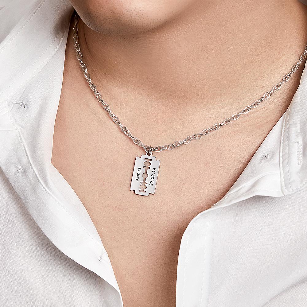 Custom Engraved Necklace Razor Blade Pendant Men Necklace Fashion Gift for Boyfriend