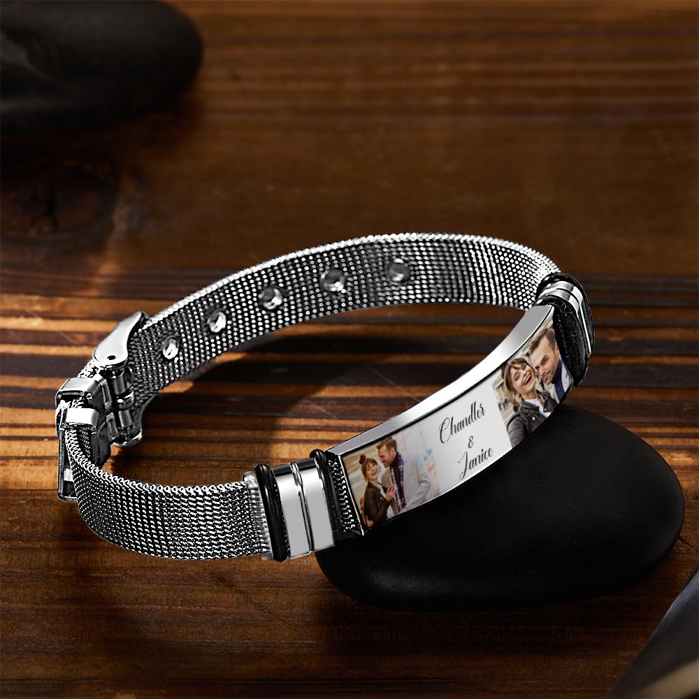 Custom Stainless Steel Mens Bracelet With Two Photo And Engraved Words Best Gifts For Lovers On Valentine's Day