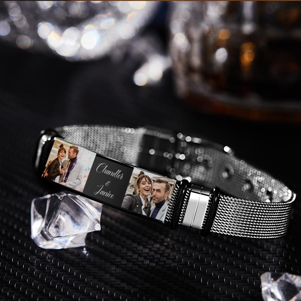 Custom Stainless Steel Mens Bracelet With Two Photo And Engraved Words Best Gifts For Lovers On Valentine's Day