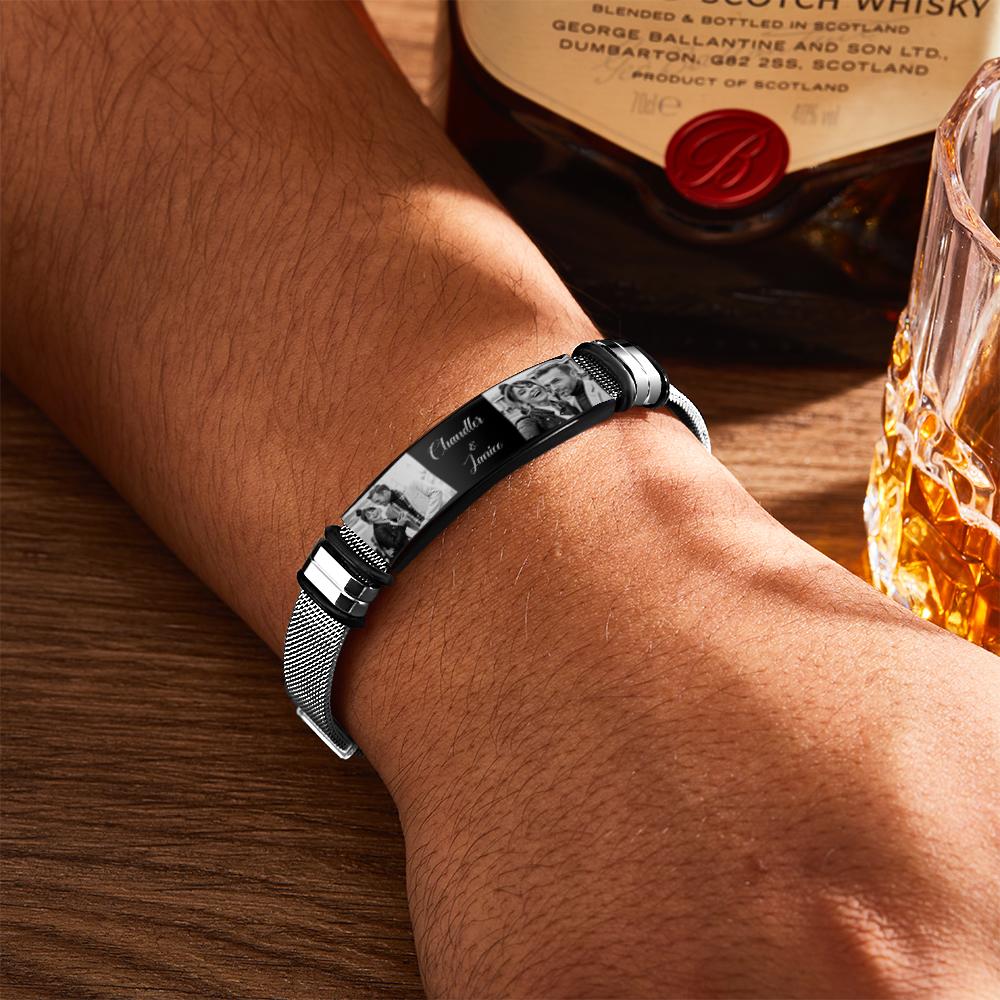 Custom Stainless Steel Mens Bracelet With Two Photo And Engraved Words Best Gifts For Lovers On Valentine's Day