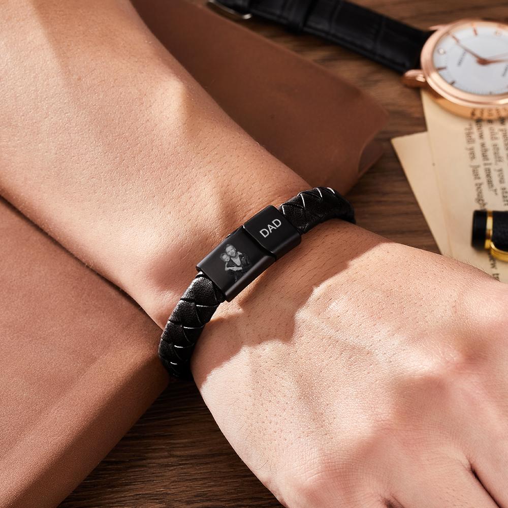 Custom Photo Engraved Bracelet Men's Bracelet Leather Father's Day Gift
