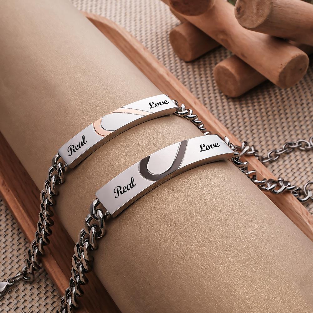 Engraved Couple Bracelet Personalized Love Heart Wide Chain Bracelet Valentine's Day Gifts