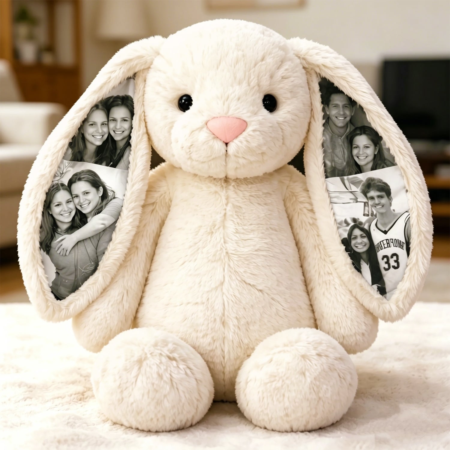 Custom Photo Bunny Plush Personalized Hidden Ear Picture Gift for Couples Anniversary Mother's Day Gifts