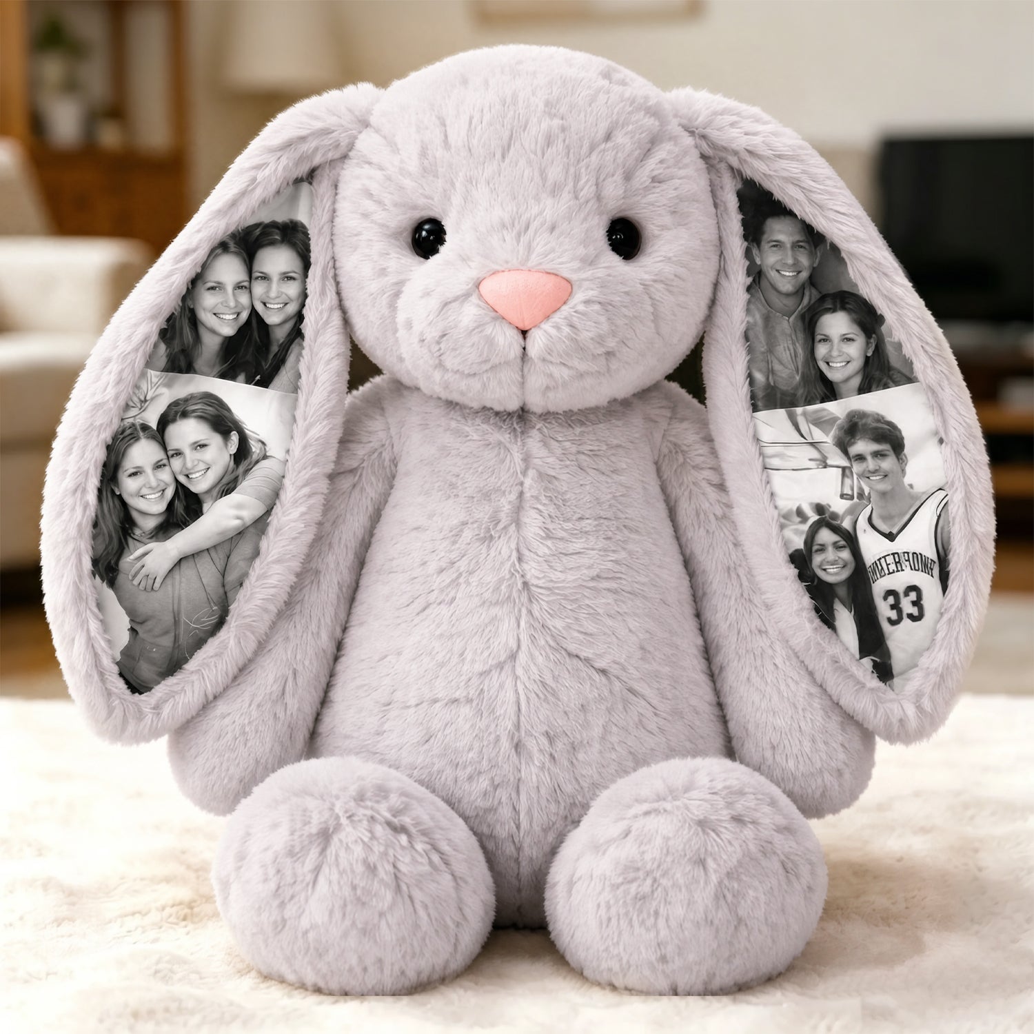 Custom Photo Bunny Plush Personalized Hidden Ear Picture Gift for Couples Anniversary Mother's Day Gifts