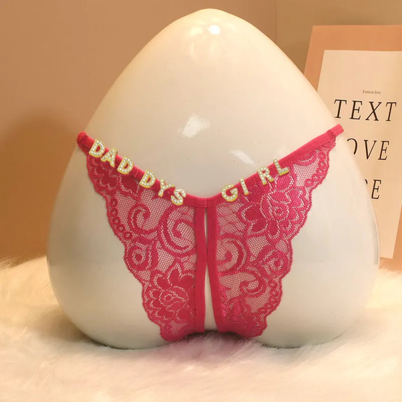 Custom Lace Sexy Panty with jewelry Crystal Letter Name Open Cut Thong Underpants Women's Underwear Valentines Gift