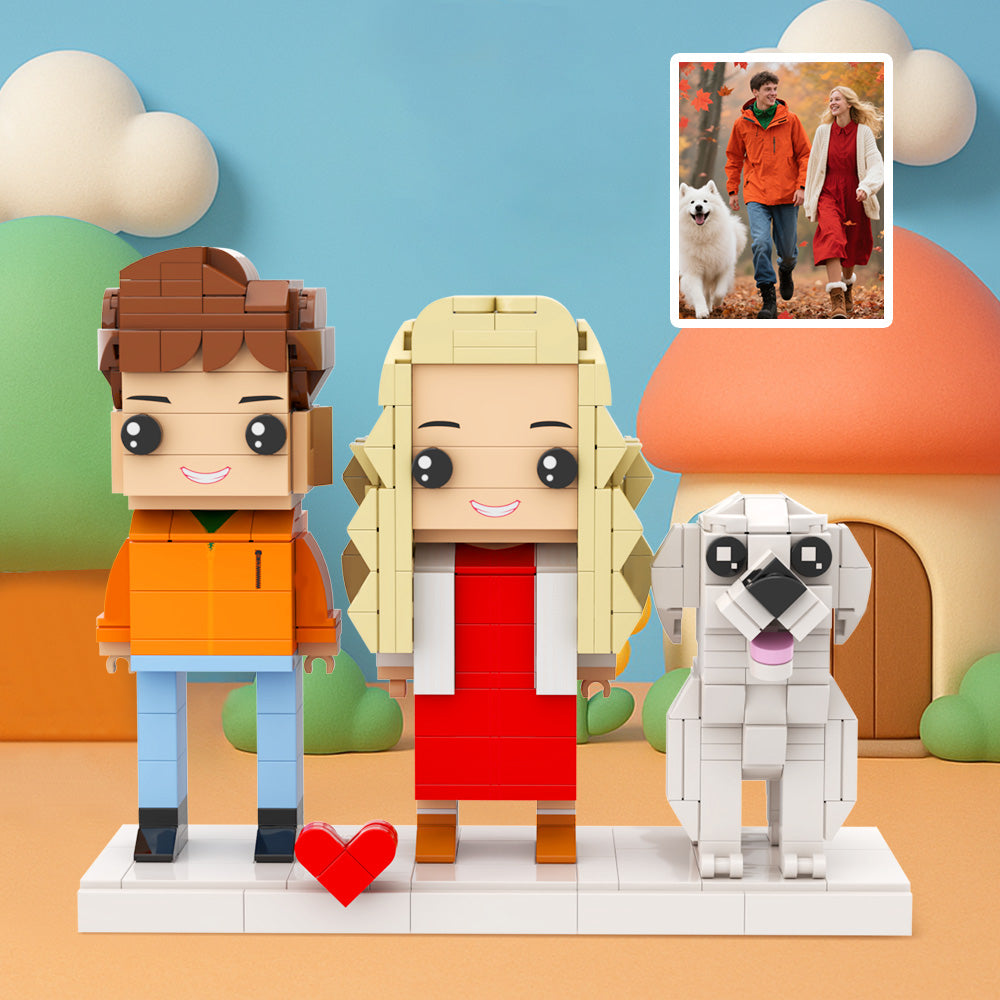 Custom Full-Body Brick Figures of 2 People and 1 Dog Personalized Birthday Gift Anniversary Gift