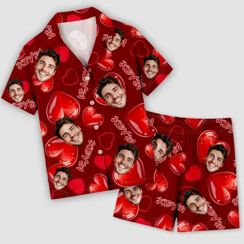 Custom Face Short Sleeve Pajama with Red Hearts Prints Valentine's Day Gift for Her