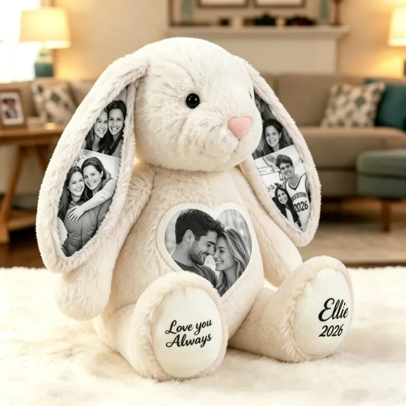 Custom Black & White Heart Photo Bunny Plush – Personalized Hidden Ear Picture Bunny Custom Text Anniversary Gift for Couples