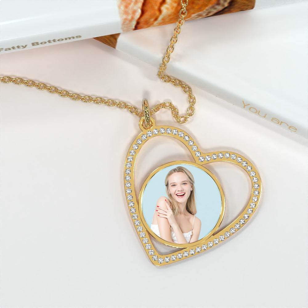 Custom Heart Pendant Inlaid Zircons Photo Necklace