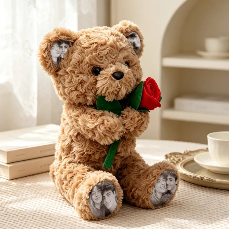 Custom Photo Teddy Bear with Rose Personalized Plush Bear with Pictures on Ears & Feet, Romantic Gift for Anniversary