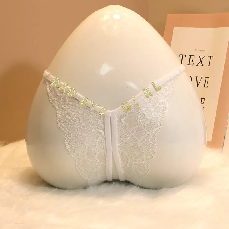Custom Lace Sexy Panty with jewelry Crystal Letter Name Open Cut Thong Underpants Women's Underwear Valentines Gift